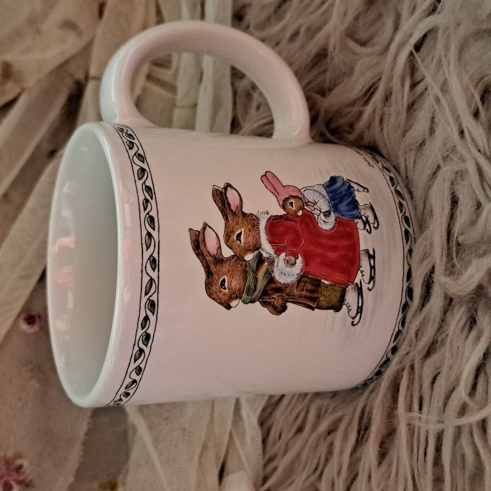 VTG 80s Susan LaBelle Coffee Mug Ice Skating Bunnies